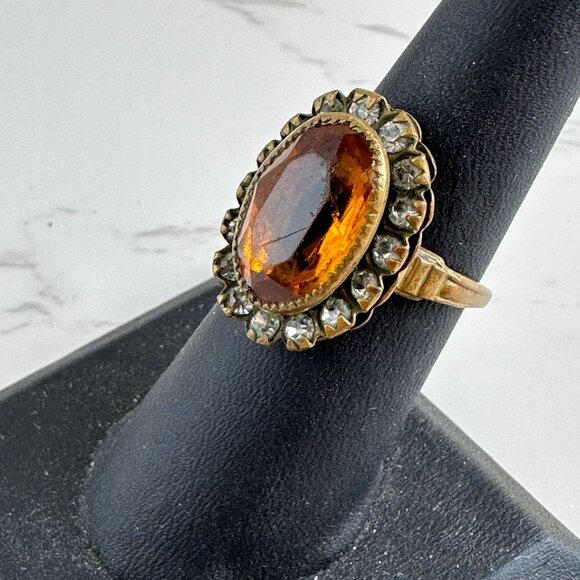 Vintage Orange & Clear Rhinestone Cocktail Ring Size 6.5 Oval Stone Adjustable B - Picture 5 of 10